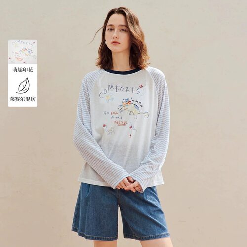 莱赛尔|撤柜撞色条纹萌趣印花长袖T恤2026夏季女装新款宽松上衣