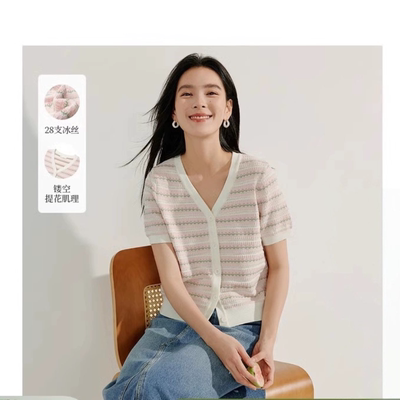 茵蔓冰丝法式提花条纹短针织开衫女2025年夏季新款正肩V领薄小衫