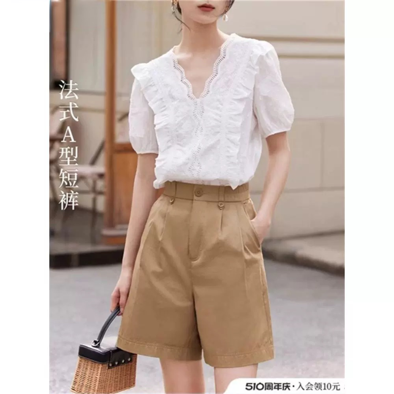 休闲通勤百搭高腰短裤女装2025年夏季新款遮胯显瘦松紧腰直筒裤子