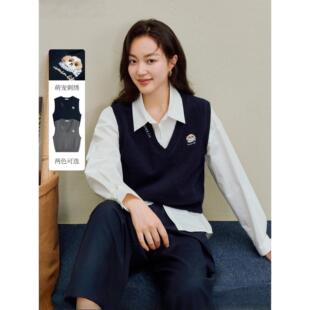 学院风V领刺绣针织马甲女装2025年秋季新款显瘦百搭无袖毛衣背心