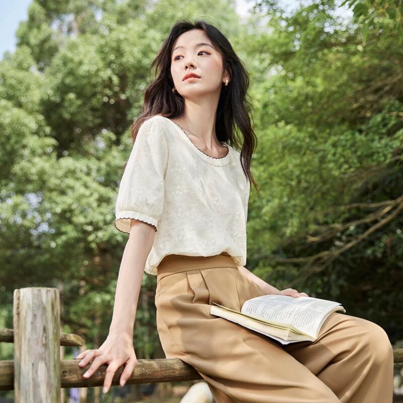 撤柜休闲撞色圆领短袖衬衣女2026年夏季新款宽松显瘦纯棉衬衫上衣