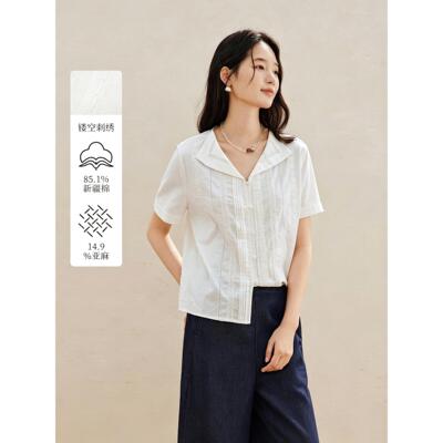 撤柜亚麻棉重工镂空花边拼接衬衫2026年女装新款法式翻领上衣