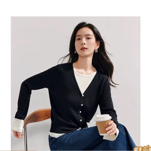 老钱风假两件V领羊毛针织开衫2026春季女装新款修身百搭通勤毛衣