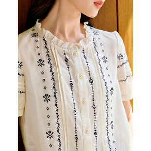 商场同款 泡泡袖 法式 新款 衬衫 通勤宫廷风刺绣衬衣女2025年夏季