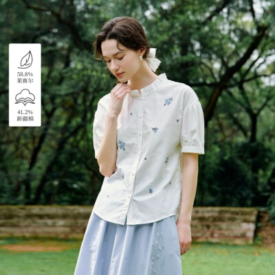 撤柜凉感莱赛尔清新刺绣衬衫2026夏季女装新款荷叶边泡泡袖衬衣