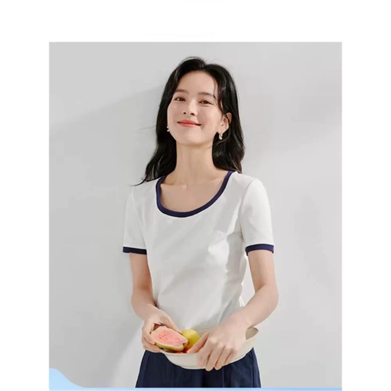 法式U型领短袖T恤女2026年夏季新款休闲百搭正肩显瘦短款白色上衣