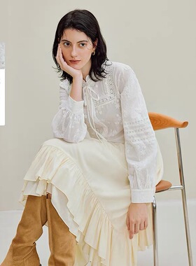 100棉|法式宫廷风刺绣花边系带衬衫女装2025年秋新款百搭长袖衬衣