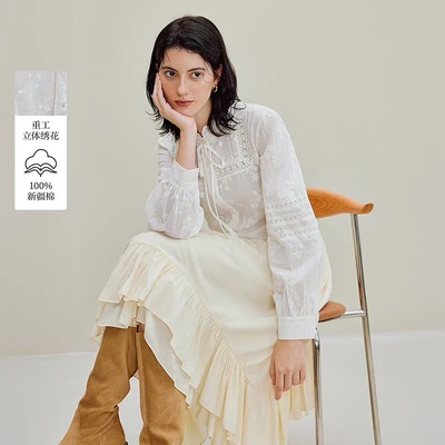 100棉|法式宫廷风刺绣花边系带衬衫女装2025年秋新款百搭长袖衬衣