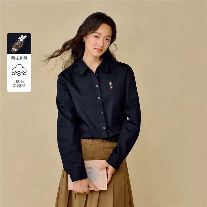 撤柜100%新疆棉萌趣刺绣复古休闲衬衫2026冬季女装新款长袖衬衣