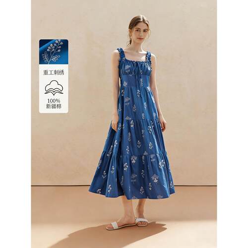 100%新疆棉|撤柜克莱因蓝吊带连衣裙2026夏季女装新款显瘦裙子