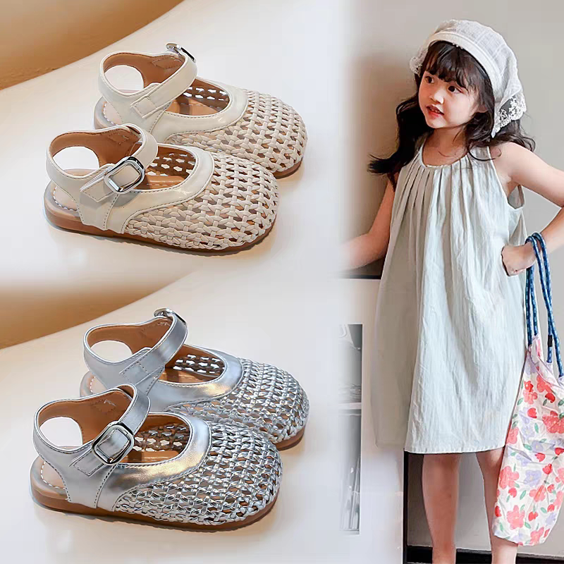 真皮女童凉鞋包头编织2025夏季新款儿童鞋子女孩公主鞋软底沙滩鞋