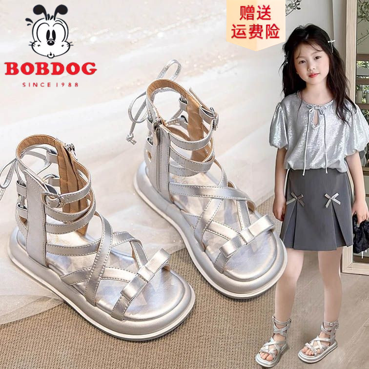 真皮罗马凉鞋女童夏款2025新款儿童鞋子公主夏季爆款大童高帮银色