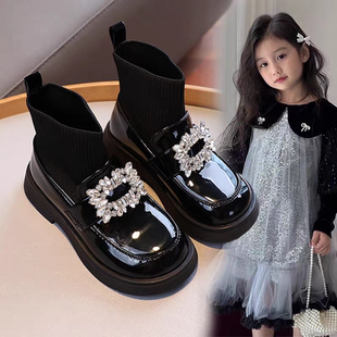 真皮女童靴子2025新款秋冬季袜靴公主短靴女宝宝加绒水钻软底皮靴