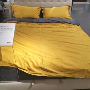 IKEA宜家 拉普若 全棉被套灰色黄色AB两面法兰绒磨毛被罩含床单