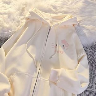女童春秋卡通凯蒂猫开衫连帽卫衣2025新款秋冬女大童加绒拉链外套