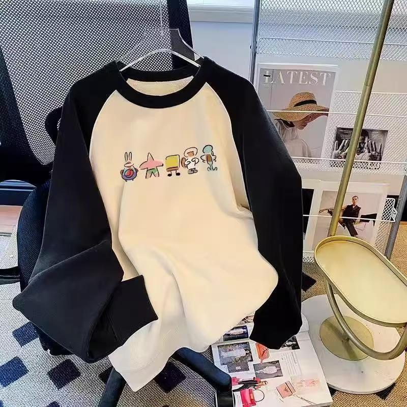 女童撞色圆领卫衣学院宽松纯棉卡通海绵宝宝百搭插肩印花长袖上衣