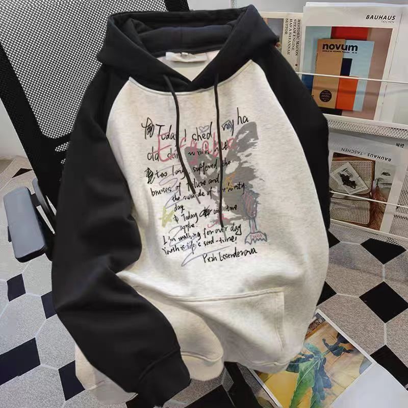 女童美式复古插肩袖连帽卫衣2025新款中大童宽松潮牌加绒上衣外套