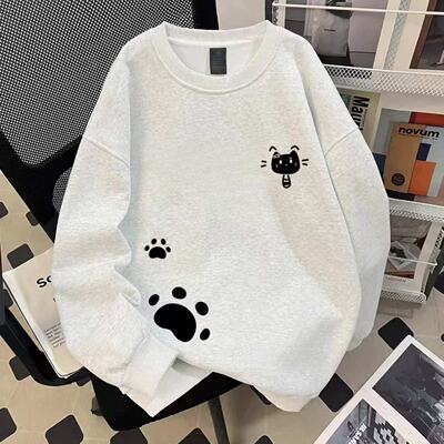 女童可爱卡通猫咪纯棉圆领卫衣2025秋冬新款男童加绒洋气宽松上衣