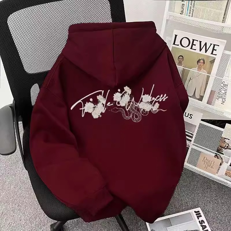 男女童美式痞帅炸街宽松连帽卫衣秋冬中大儿童加绒新年酒红色帽衫