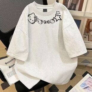 女童可爱卡通凯蒂猫印花纯棉t恤宽松中大童宽松休闲oversize上衣