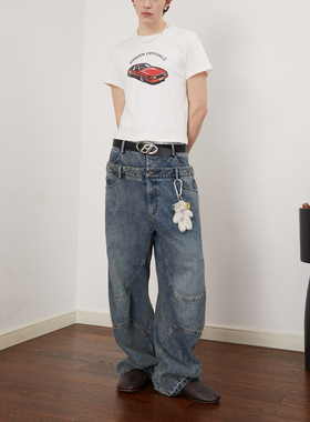 ASSEEN 立体版型 双层腰设计做旧水洗阔腿低裆牛仔裤 男女同款