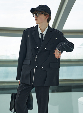 ASSEEN设计感西装式夹克 波浪设计层叠金属装饰廓形感军事风风西