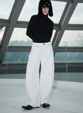 ASSEEN廓形感极简阔腿水洗弯刀裤 加厚粗斜纹白色牛仔裤