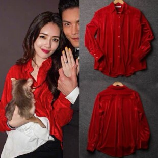 郭碧婷明星同款复古气质红色丝绒女显瘦上衣衬衣叠穿高级感衬衫春