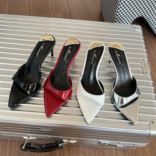 女时尚 拖鞋 气质欧美风尖头一字拖女细跟高跟凉拖女 夏季 2024新款