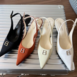 2026春季新款法式气质尖头细跟鞋子女沙丁布后空浅口单鞋女高跟鞋