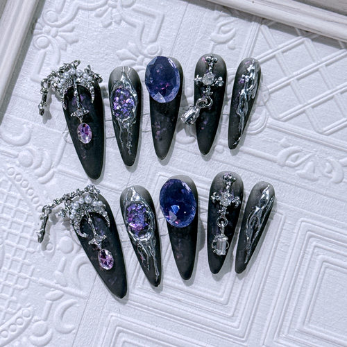 纯手工穿戴甲 黑蓝聆晚异国风情轻奢爆闪气质神秘系新款网红美甲