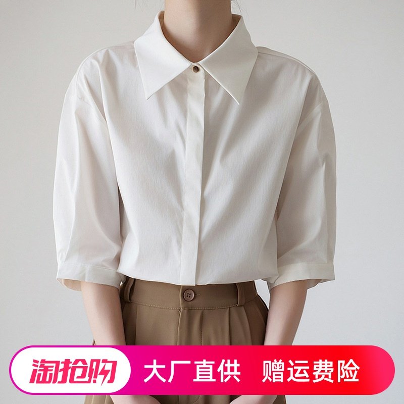 2025夏季水洗棉白色衬衫女五分短袖翻领设计通职业勤面试直筒衬衣