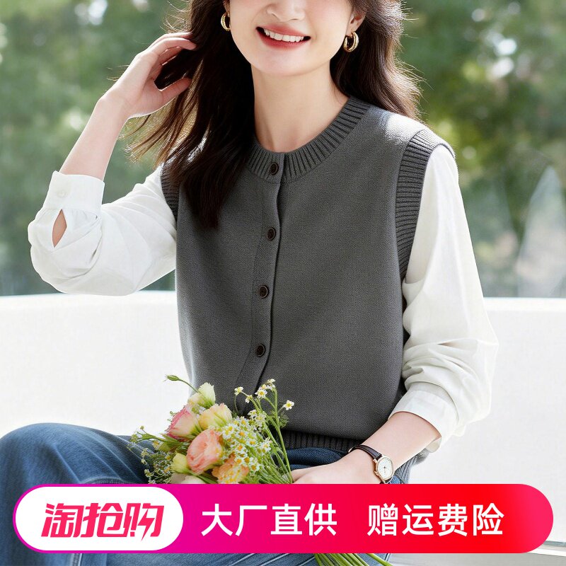 假两件灰色圆领针织衫女长袖2026春装新款外穿毛衣背心开衫马夹