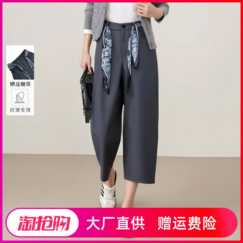 2025秋季通勤免烫松紧腰系带西装裤女休闲直筒裤九分裤配花纹腰带