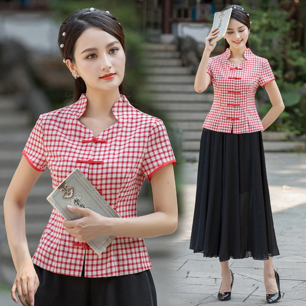 女士格子日常显瘦两件套旗袍上衣