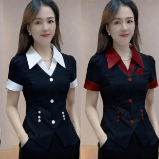 显瘦OL拼接衬衫 修身 领名媛气质短袖 上衣微喇裤 夏季 两件套装 韩版