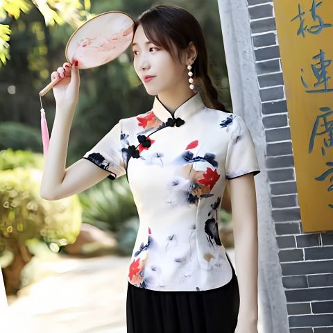 旗袍上衣女中国风中式唐装汉服套装改良复古时尚盘扣工作服茶服