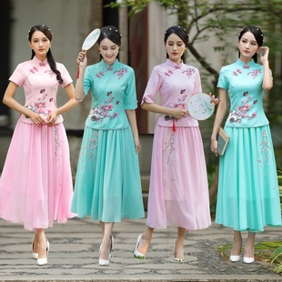 新式修身日常花色夏季改良优雅印花民国风复古汉服旗袍中袖上衣女