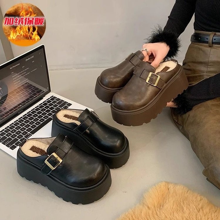 厚底增高勃肯鞋女包头半拖鞋外穿2025新款秋冬加绒乐福毛毛棉拖鞋