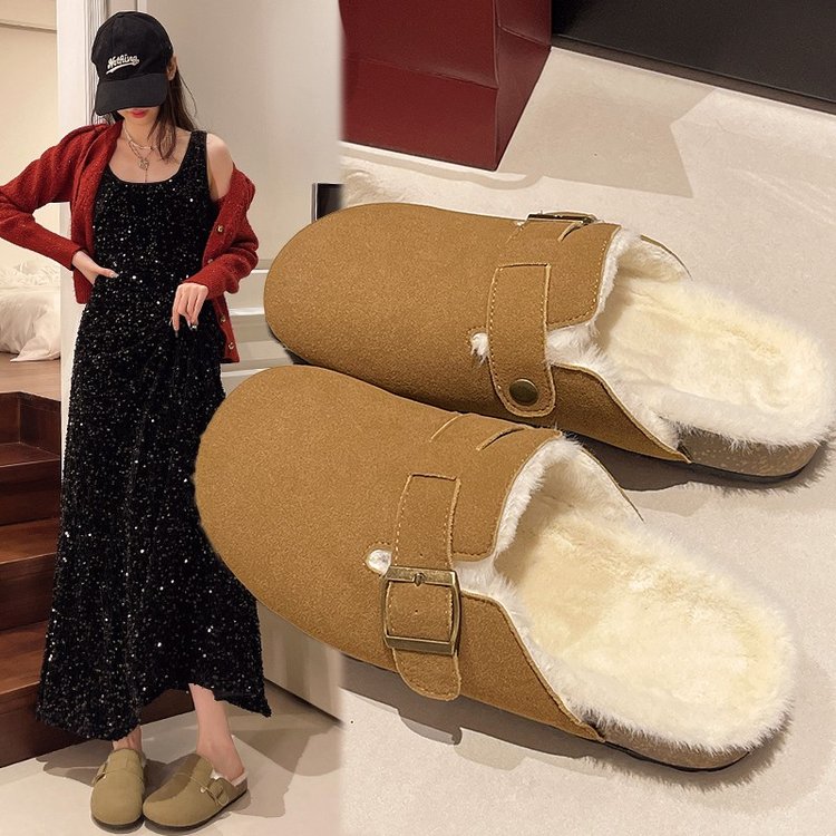 韩版包头半拖鞋圆头厚底勃肯鞋2025新款外穿懒人百搭纯色毛毛鞋子