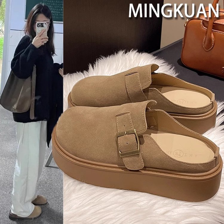 复古厚底勃肯包头半拖鞋女2025春秋新款增高外穿懒人一脚蹬博肯鞋