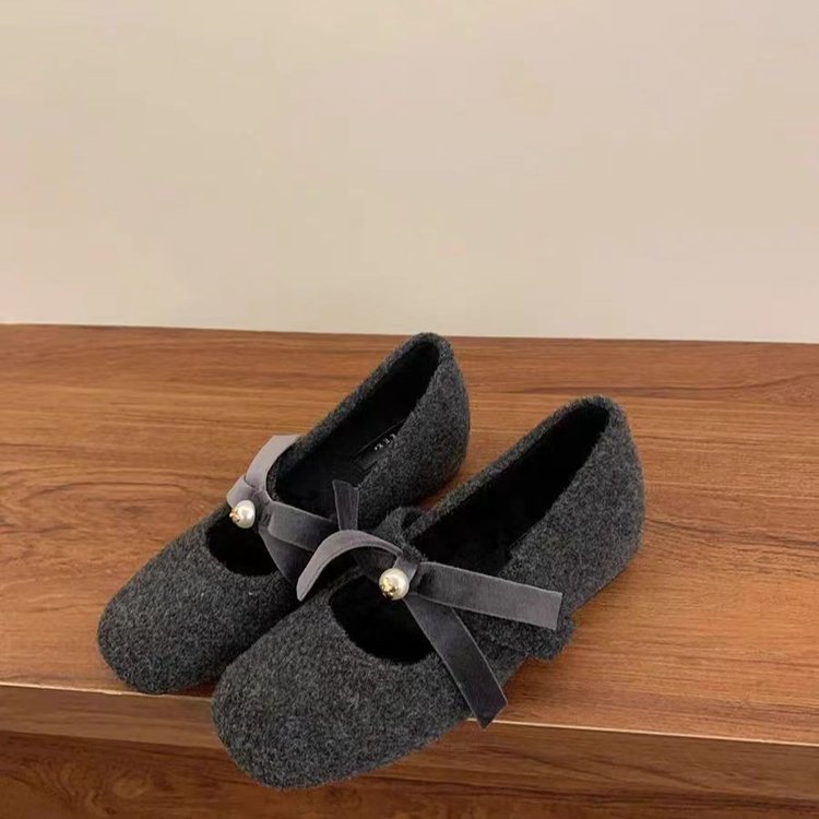 小香风玛丽珍毛毛鞋女2025年新款内增高呢子单鞋一脚蹬蝴蝶结棉鞋