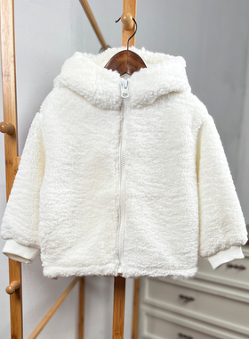 H755-B3童装98-164码 欧美儿童羊羔绒拉链衫连帽外套女童白色外贸
