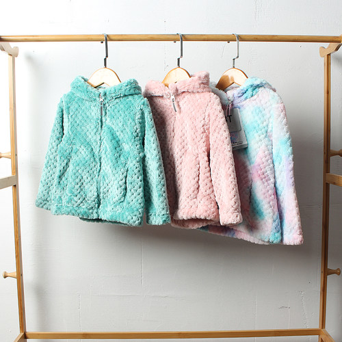 儿童珊瑚绒连帽外套拉链衫女童