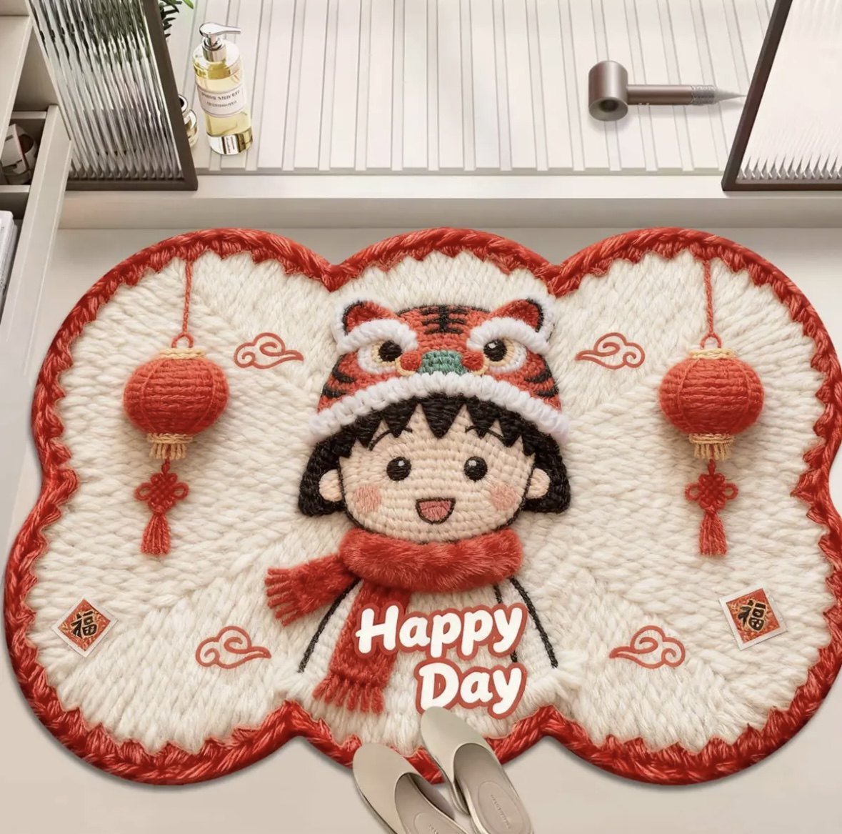 硅藻樱桃小丸子kt卡通可爱吸水地垫厨房浴室入户卧室地毯毛线风