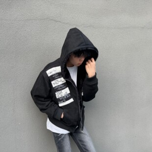 美式街头字母印花连帽棉衣男宽松加厚羊羔毛开衫外套高级感