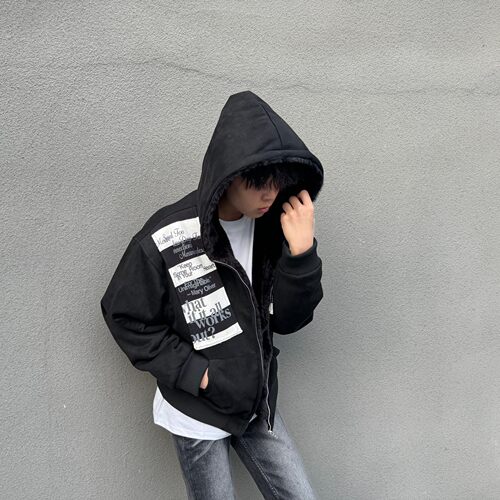 美式字母印花加厚羊羔毛棉衣男