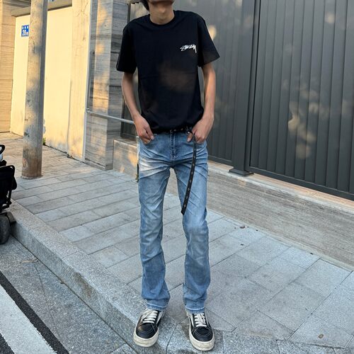美式复古做旧显瘦微喇牛仔裤男
