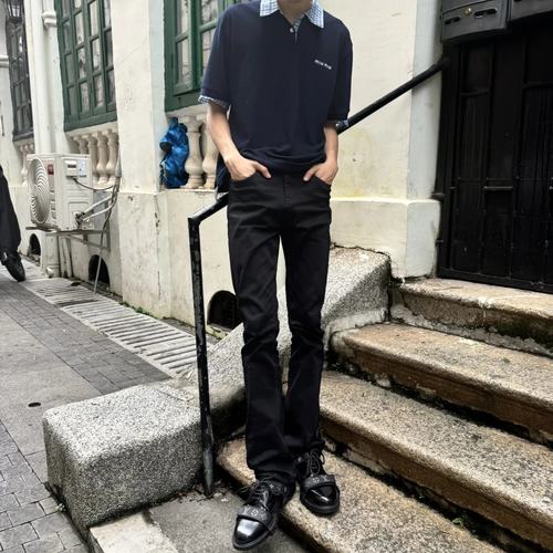 夏季男士黑色修身短袖长裤套装