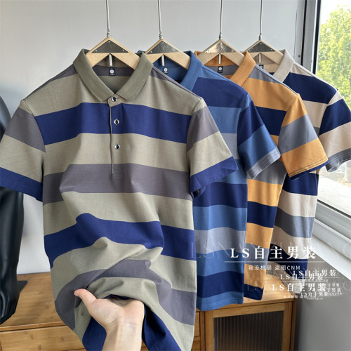 夏季新款丝光棉短袖t恤男中年爸爸休闲半袖纯棉条纹翻领POLO衫男T